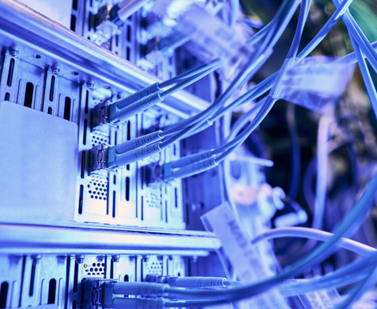 Multiple Ethernet cables connected to LAN ports on network switches in data center
